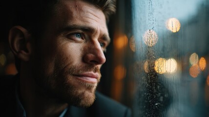 medium shot of a man sitting by a rainy window, looking outside with a calm expression, raindrops on glass in focus, bokeh city lights in background, soft indoor light, emotional and realistic