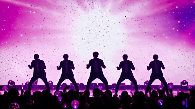 Silhouettes of a famous K-pop boy band idol group dancing on stage. Concert performance with fans holding light sticks and laser beams, 4K video animation.