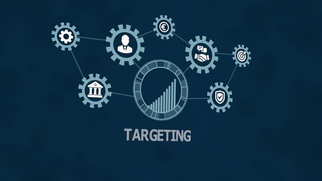 Precise targeting strategy and audience focus analysis with interconnected business gears, optimization icons, and performance improvement concept.