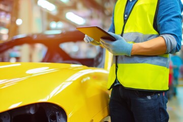 Automotive industry worker inspecting a yellow car in a factory setting, ensuring quality control and precision manufacturing processes.