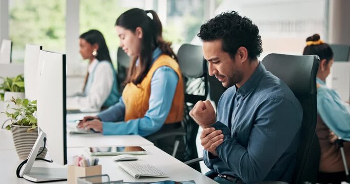 Computer, business man and wrist pain in office from article editing, workload pressure and strain. Coworking, journalist or joint ache at publishing agency from story deadline, overworked or massage