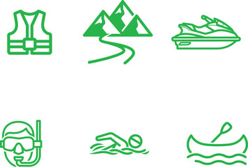 Outdoors activities vector icons isolated on white background promoting adventure sports safety and recreation near mountains water and promoting healthy lifestyle choices