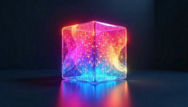 3D render of a glowing transparent cube filled with neon pink and blue abstract particles on a dark reflective surface