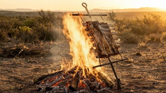 Smoky beef ribs cooking over an open fire at sunset.