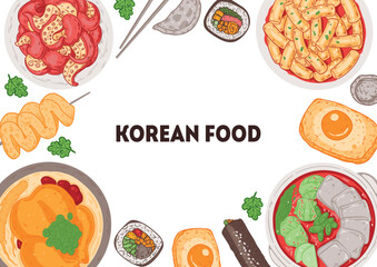 Korean food vector drawing. Top view Korean food dishes vector illustration. Flat style. Nakji bokkeum, odeng, samgyetang, kimbap, jjigae, tteokbokki, egg bread, mandu