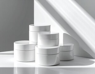 White jars stacked. Geometric background. Soft light