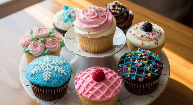 A delightful assortment of colorful cupcakes with various frostings and decorations on a tiered stand