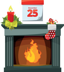 Fototapeta premium A fireplace with a red candle and a red bow on top of it