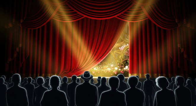 Silhouettes of an audience watch as red stage curtains part to reveal a vibrant, magical garden illuminated by spotlights.