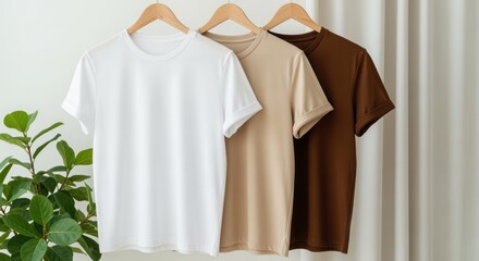 Three plain t-shirts in neutral colors - white, beige, and brown - hanging on wooden hangers against a minimalist backdrop with a potted plant.