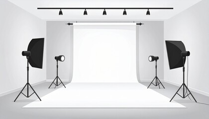 A professional photo studio with a white seamless backdrop, softbox lights, and ceiling pendants.