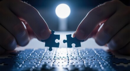 Two hands holding two puzzle pieces together against a dark background with a bright spotlight, symbolizing the concept of problem-solving, teamwork, and collaboration.
