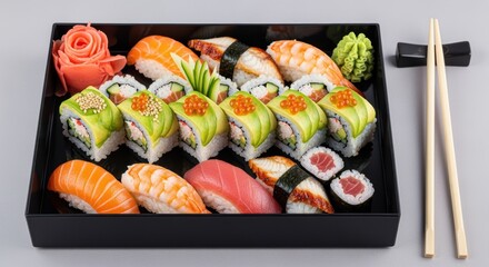 Diverse sushi platter with vibrant ingredients like avocado, salmon, tuna, and tobiko. Perfect for a Japanese-inspired meal or food photography.