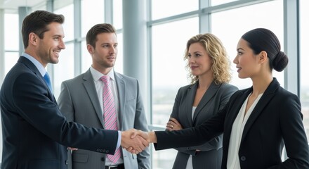 Four diverse business professionals shake hands in a modern office setting, depicting a successful collaboration.