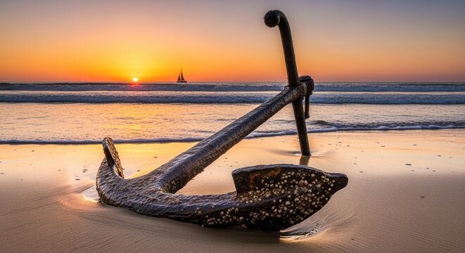 A large, weathered anchor sits on a sandy beach at sunset. In the distance, a sailboat is visible on the calm waters as the sun dips below the horizon, casting a warm, golden glow across the scene. - Powered by Adobe