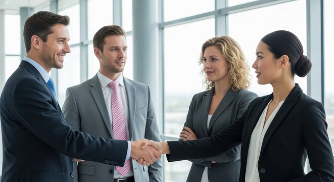 Four diverse business professionals shake hands in a modern office setting, depicting a successful collaboration.