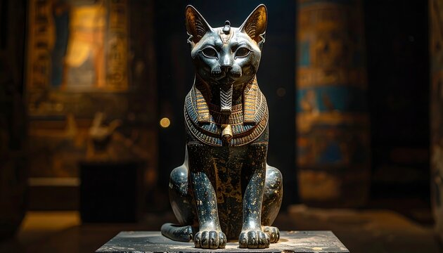 Ornate feline statue in an Egyptian temple, centered