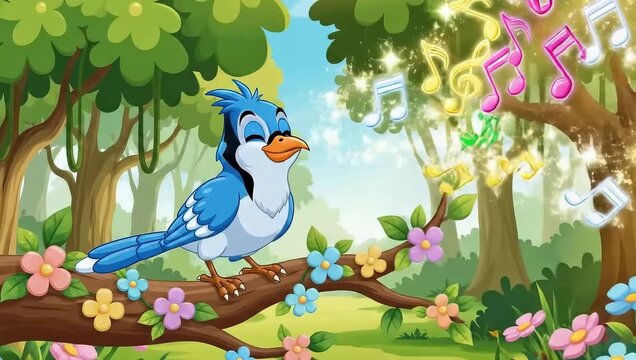 Cheerful Cartoon Blue Bird Singing Music Notes in the Forest
