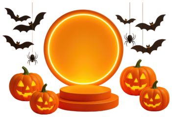 Halloween Scene With Glowing Circle Jack O Lanterns Bats Spiders And Spiderwebs pumpkin isolated on a transparent background