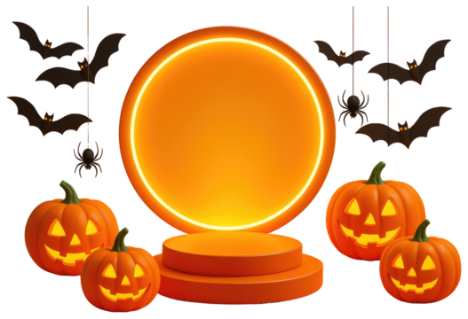 Halloween Scene With Glowing Circle Jack O Lanterns Bats Spiders And Spiderwebs pumpkin isolated on a transparent background