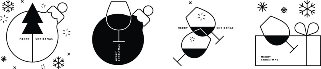 Minimalist Merry Christmas Icons with Wine Glasses Ornaments and Gift Box Vector.