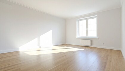 A sunlit empty room with white walls, wooden flooring, and a large window casting shadows.