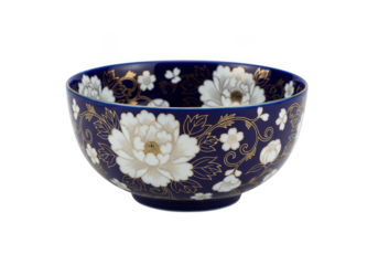Blue floral bowl with gold accents isolated on transparent background