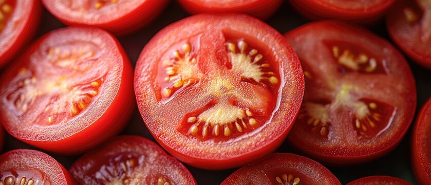 Ripe red tomato slices overlapping, revealing juicy texture and vivid color against neutral surface - Powered by Adobe