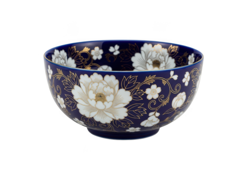 Blue floral bowl with gold accents isolated on transparent background