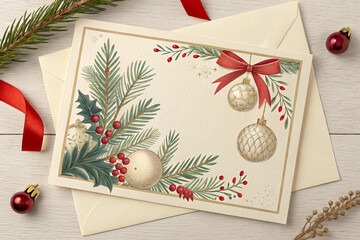 A christmas card with ornaments and evergreen branches | ai generated