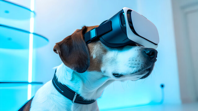A close-up portrait of a dog wearing a modern virtual reality headset in a futuristic, blue-lit environment. Concept for tech innovation, VR promotion, futuristic pet-friendly gadgets content
