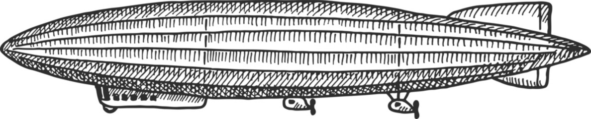 A black and white drawing of a large zeppelin