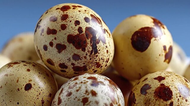Closeup of speckled brownspotted quail eggs piled together with a blue background