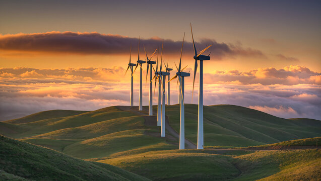 wind turbines on the hills at dramatic sunset sky