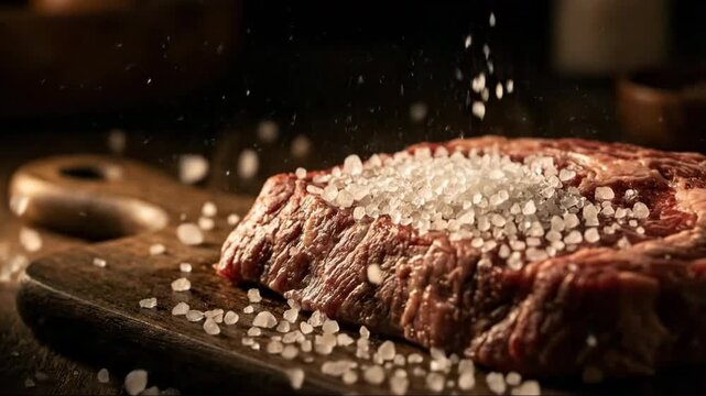 Coarse sea salt falling on a succulent steak, cinematic close-up.