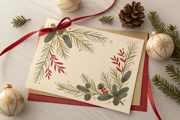 Christmas card with ornaments and pine cone on table | ai generated