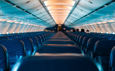 Interior of Passenger Airplane Cabin with Rows of Blue Seats and Aisle