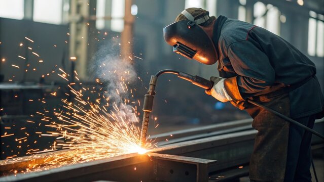 Welder using welding torch creating sparks on steel in factory