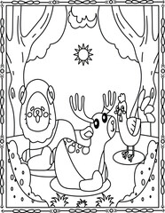 Cute Forest Friends Coloring Page For Kids And Adults. Lion, Deer, Bird Scene.
