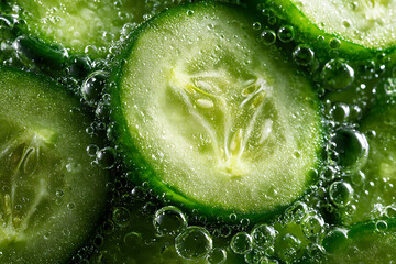 Refreshing cucumber slices with sparkling water bubbles create a vibrant, hydrating close-up, perfect for healthy eating campaigns and wellness promotions