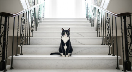 Elegant Black and White Tuxedo Cat Sitting on a Grand Marble Staircase