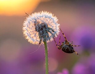 Close-up of a spider clinging to a dandelion seed head, bathed in warm sunlight against a soft purple and orange blurred background