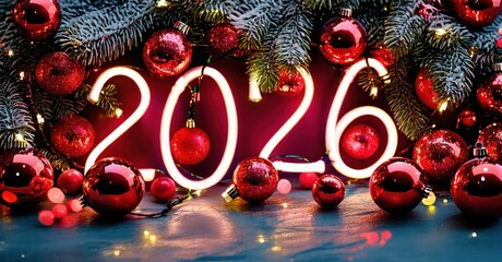 Festive scene displays bright red ornaments, glowing numerals forming year 2026, evergreen boughs. Holiday spirit radiates from vibrant composition.