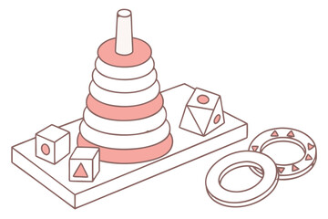 single wooden stacking rings icon, clean concentric arcs, pastel toy color palette, simple geometric blocks, transparent background, high-quality vector