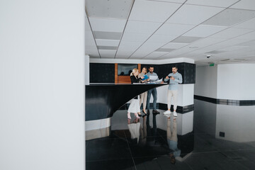 A diverse group of colleagues gathers at a sleek reception counter, discussing documents and sharing screens in a bright, contemporary office lobby.