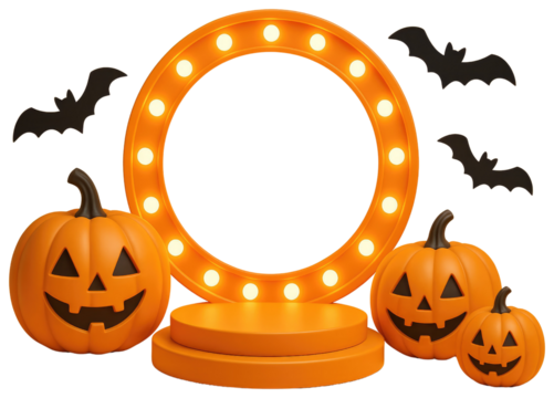 Halloween Stage With Jack O Lanterns Bats Spiders And Marquee Frame pumpkin isolated on a transparent background