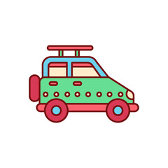 A colorful illustration of a green off-road vehicle with a spare tire and roof rack.