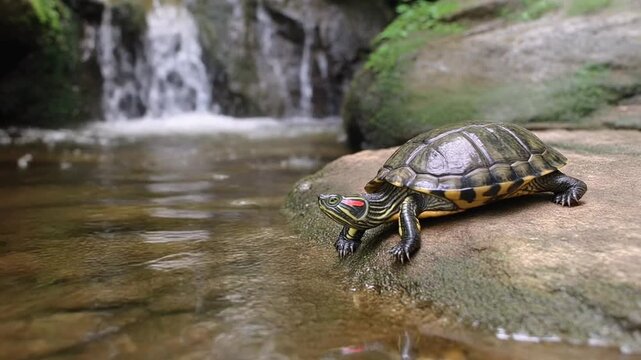 A turtle on a rock near a waterfall in a natural setting. The turtle is in clear focus, with a flowing waterfall visible in the background