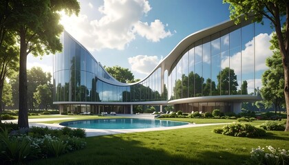 Modern Architectural Design with Lush Landscaping.