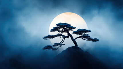 Zen pine tree in fog with full moon behind creates peaceful and mystical atmosphere in nature